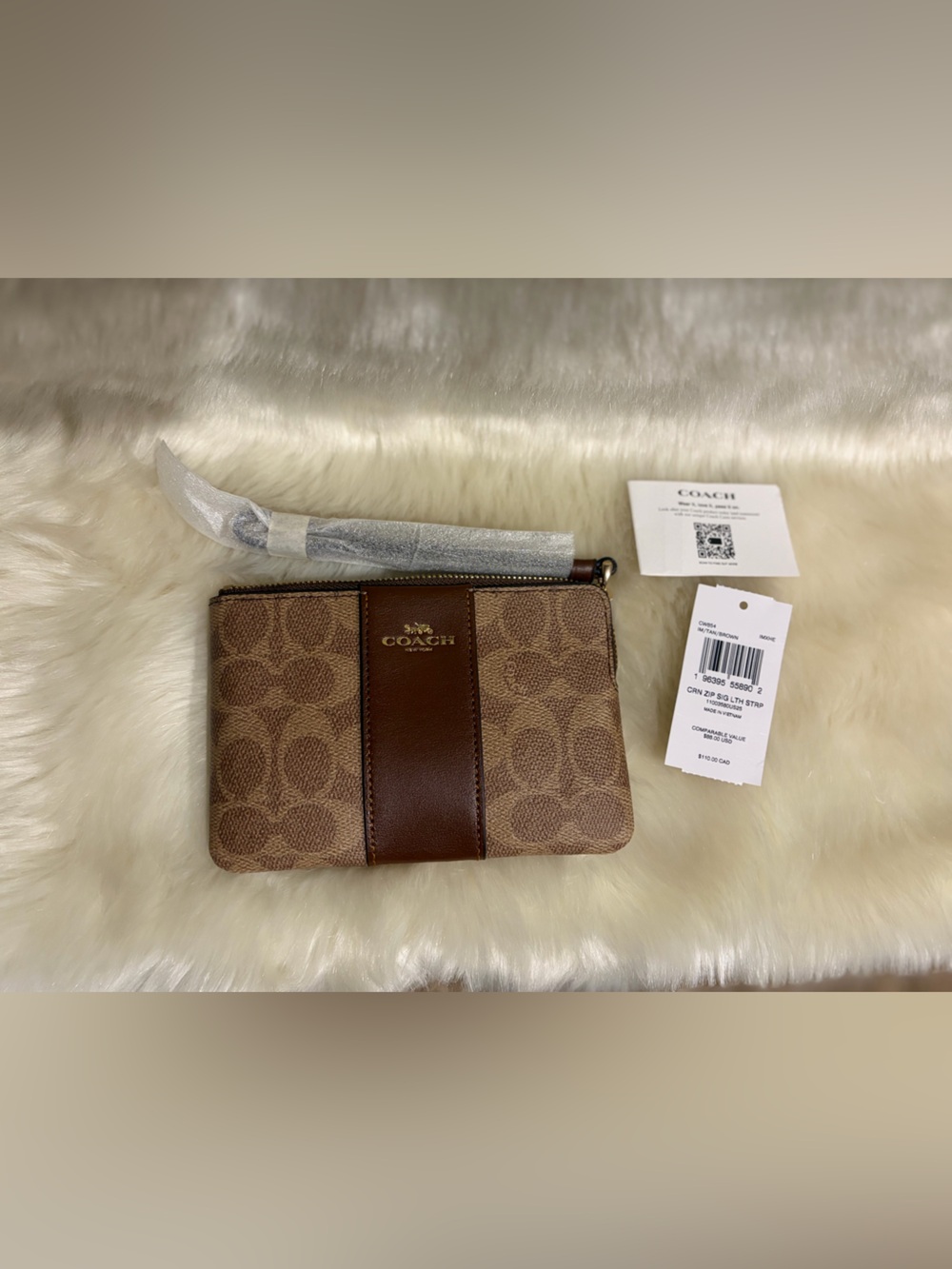 Coach Brown Signature Zip Wristlet with Leather Center Stripe